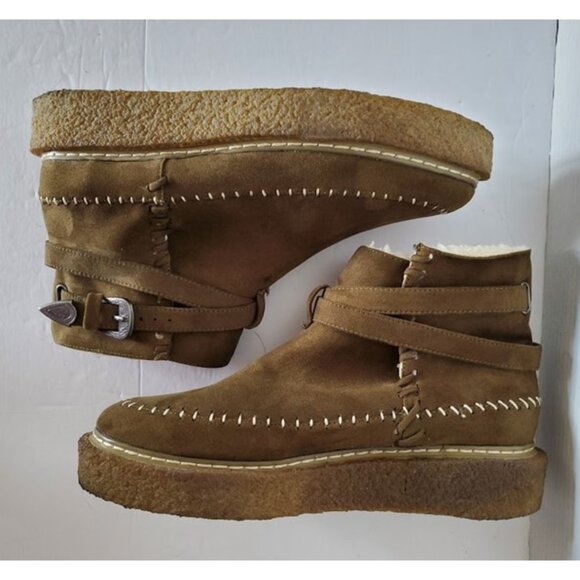 Free People Vegan Suede & Shearling Lined Ankle Boots Buckle Size 10 Cozycore - Picture 4 of 9